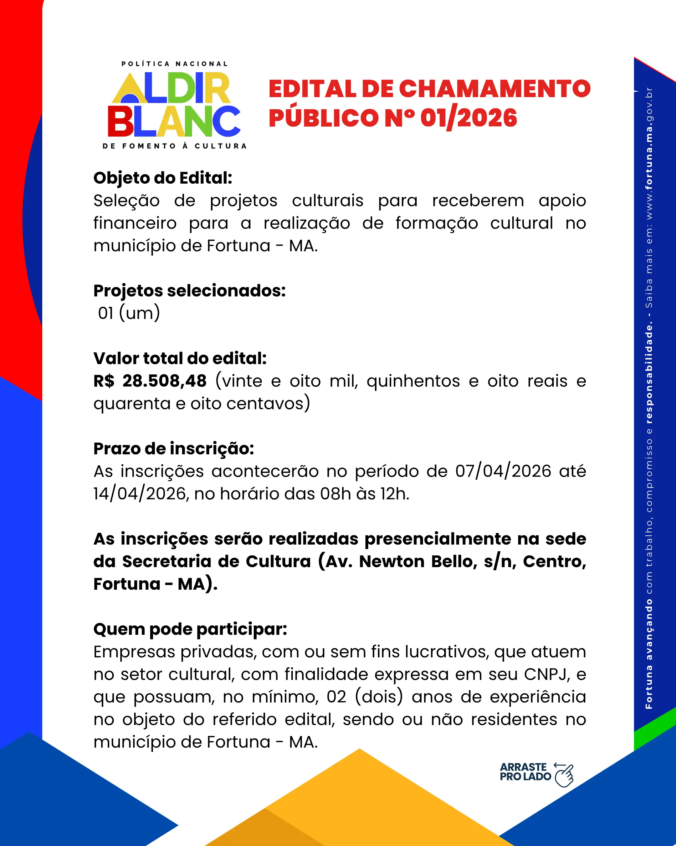 Foto 1 – EDITAL ABERTO – FORMAÇÃO CULTURAL EM FORTUNA - MA