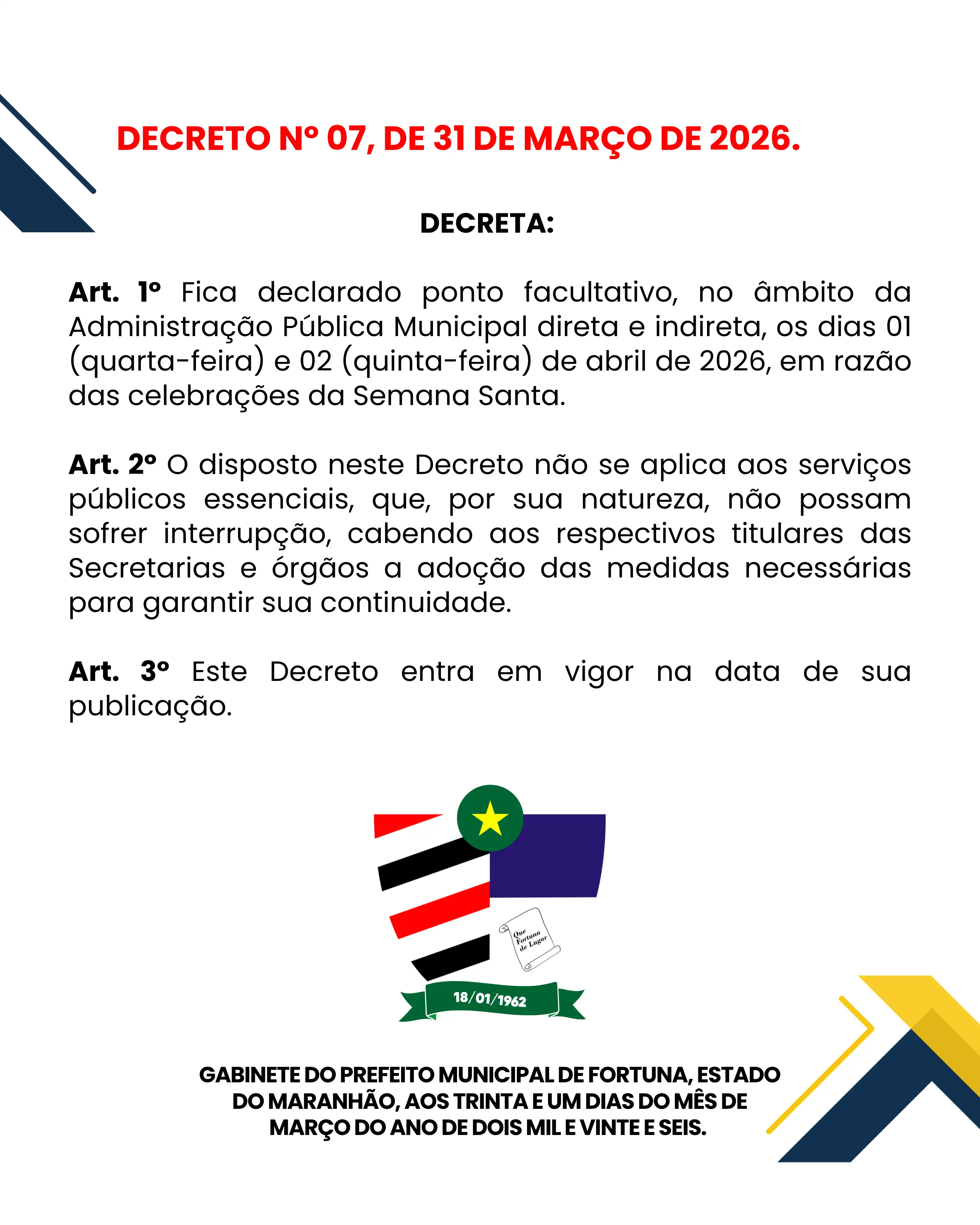 Foto 2 – Município decreta ponto facultativo em razão da Semana Santa